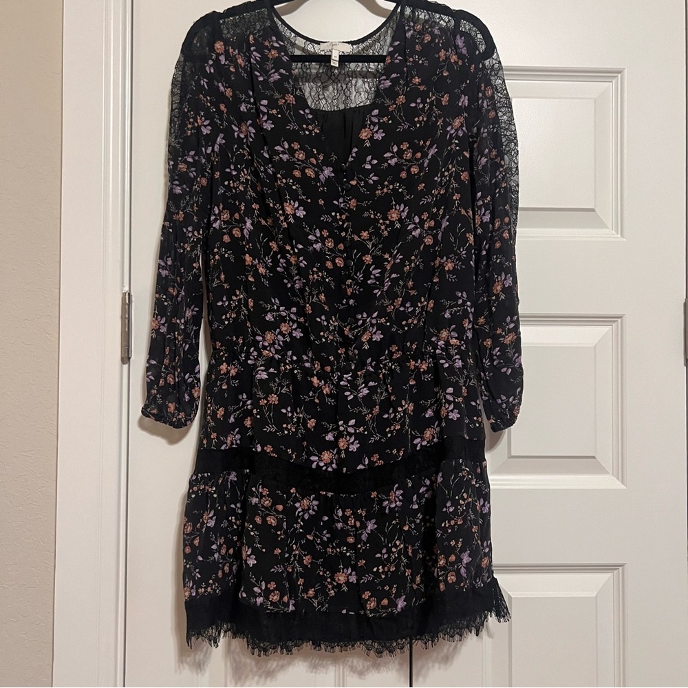 Joie Black Silk Dress with Pink and Purple Floral and Lace - Picture 1 of 11
